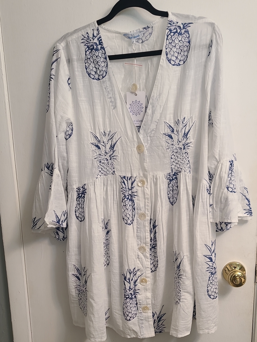 NWT Blue Island Cover Up Coastal Beach Resort Cruise White/Blue Pineapples Sz L